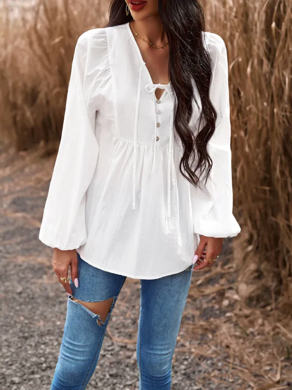 Textured Cotton Lantern Sleeve V-Neck Peplum Blouse