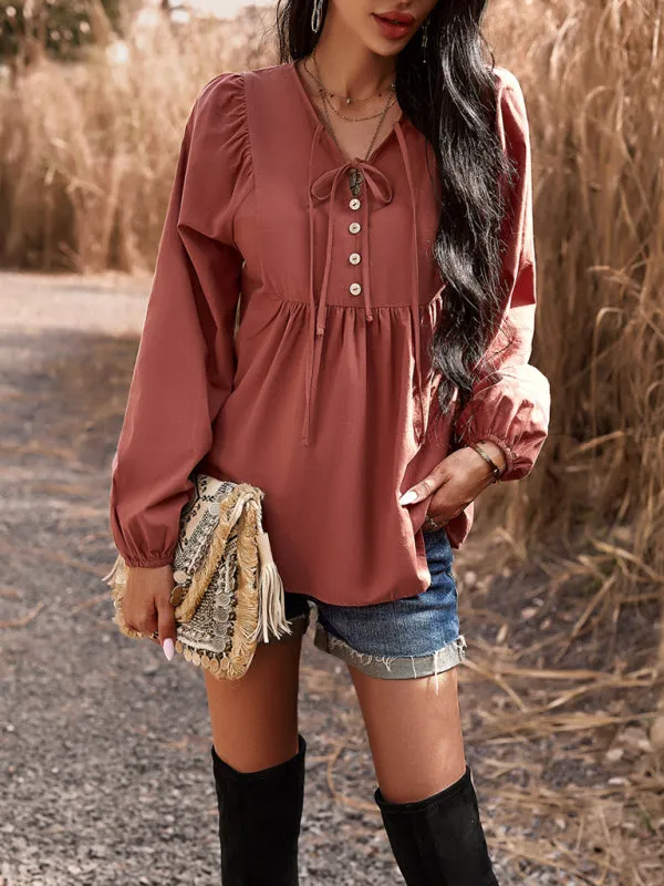 Textured Cotton Lantern Sleeve V-Neck Peplum Blouse