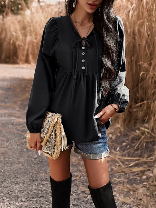 Textured Cotton Lantern Sleeve V-Neck Peplum Blouse
