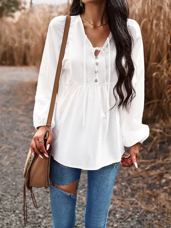 Textured Cotton Lantern Sleeve V-Neck Peplum Blouse