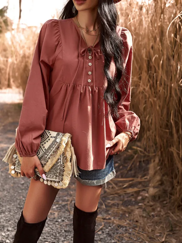 Textured Cotton Lantern Sleeve V-Neck Peplum Blouse