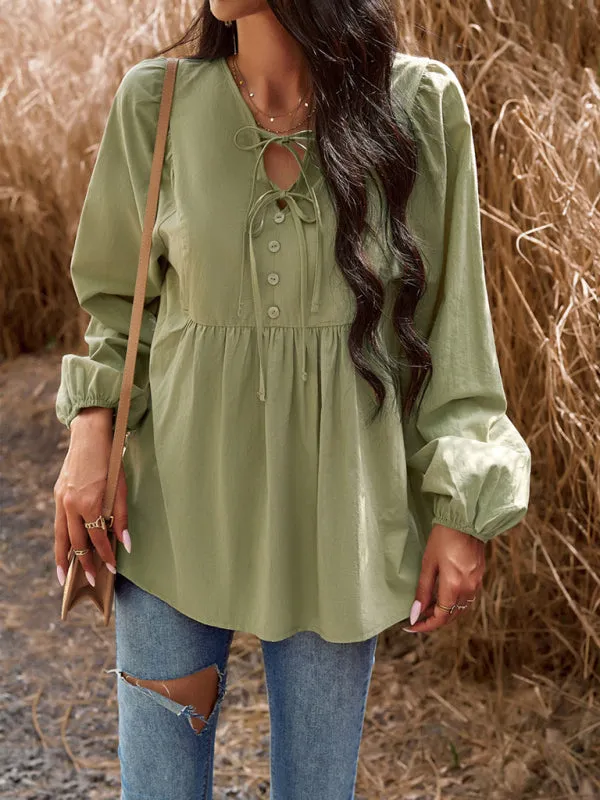 Textured Cotton Lantern Sleeve V-Neck Peplum Blouse