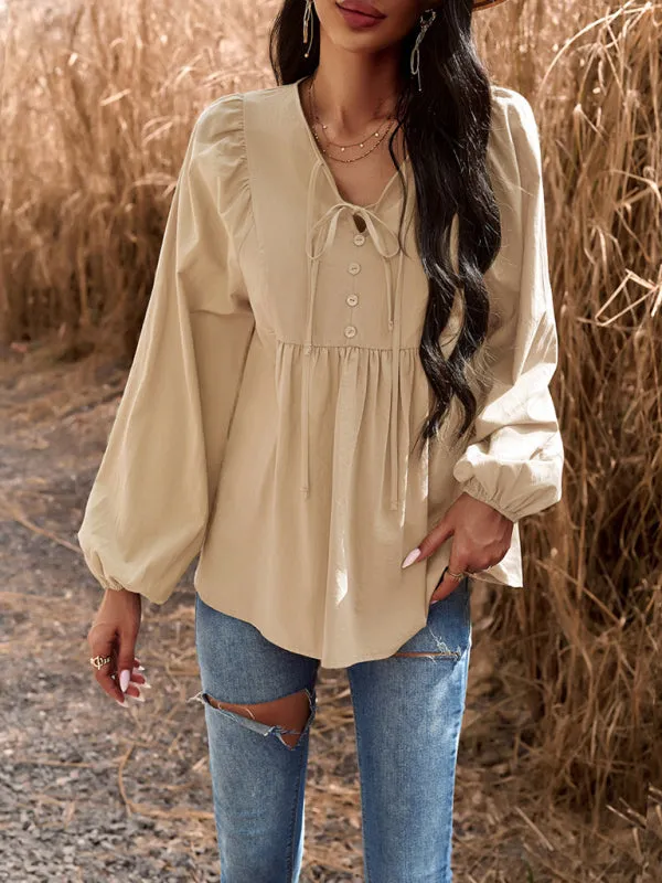 Textured Cotton Lantern Sleeve V-Neck Peplum Blouse