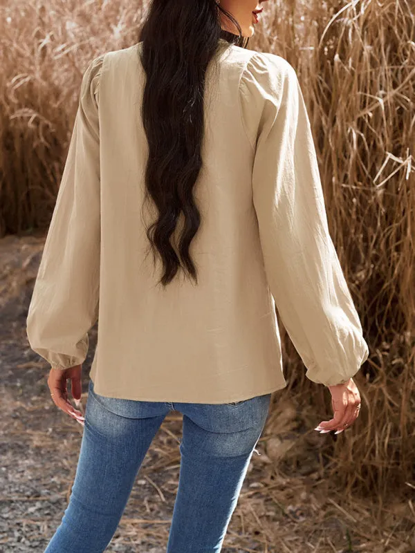 Textured Cotton Lantern Sleeve V-Neck Peplum Blouse