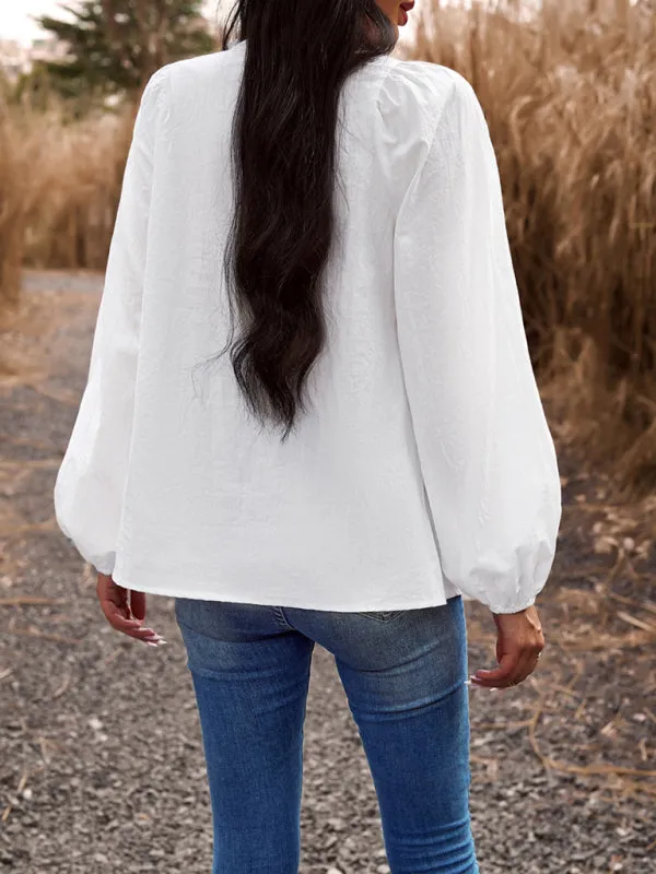 Textured Cotton Lantern Sleeve V-Neck Peplum Blouse