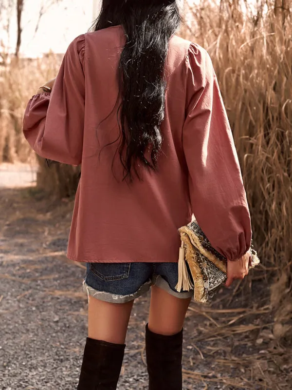 Textured Cotton Lantern Sleeve V-Neck Peplum Blouse