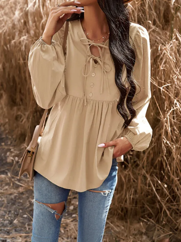 Textured Cotton Lantern Sleeve V-Neck Peplum Blouse