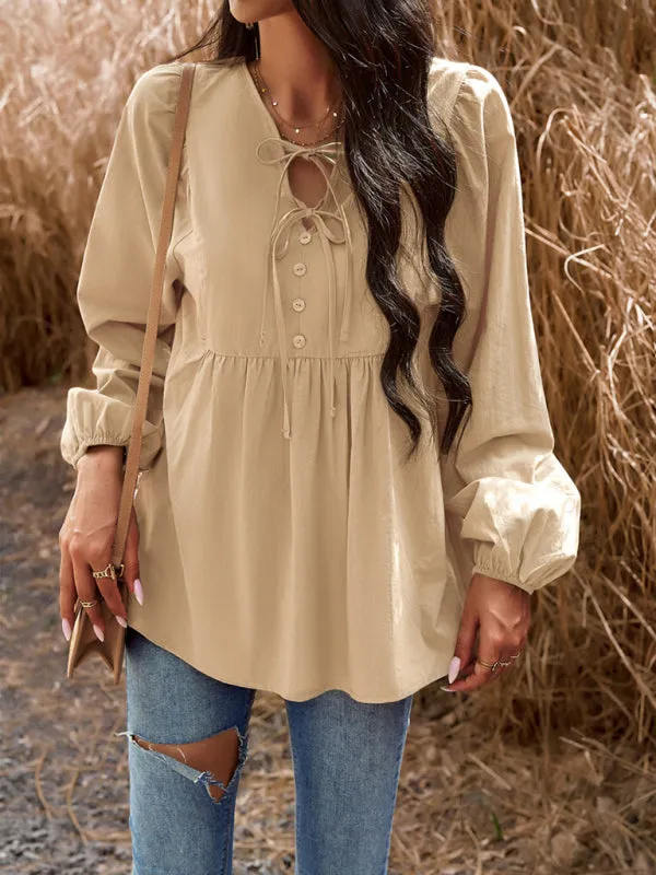 Textured Cotton Lantern Sleeve V-Neck Peplum Blouse