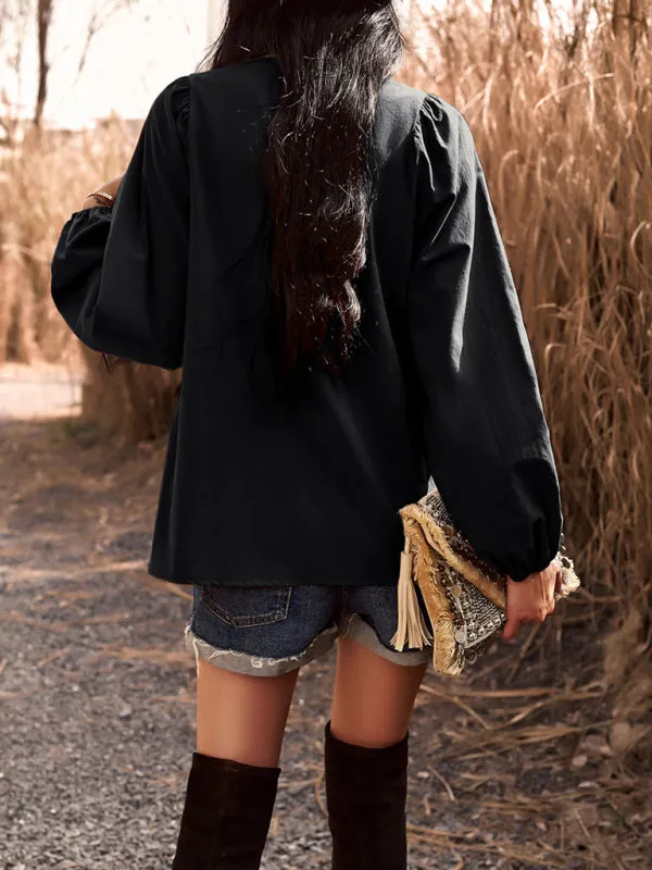 Textured Cotton Lantern Sleeve V-Neck Peplum Blouse