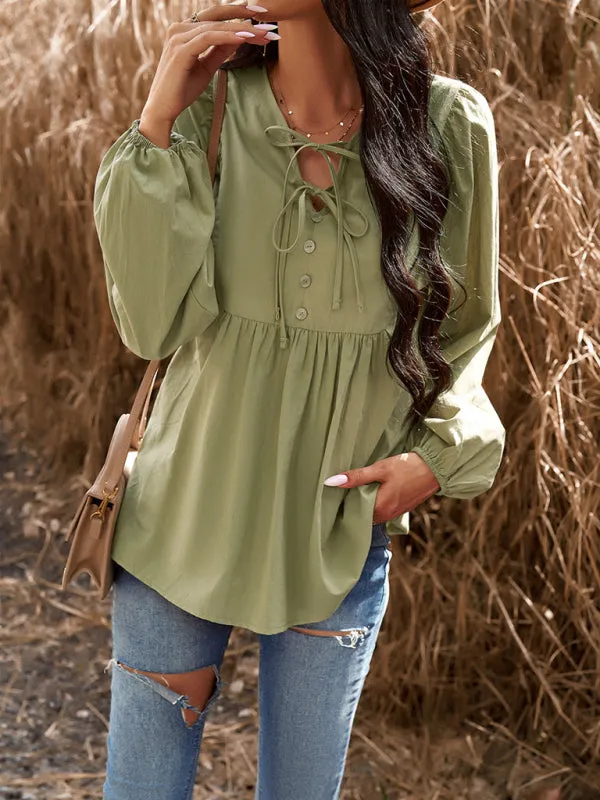 Textured Cotton Lantern Sleeve V-Neck Peplum Blouse