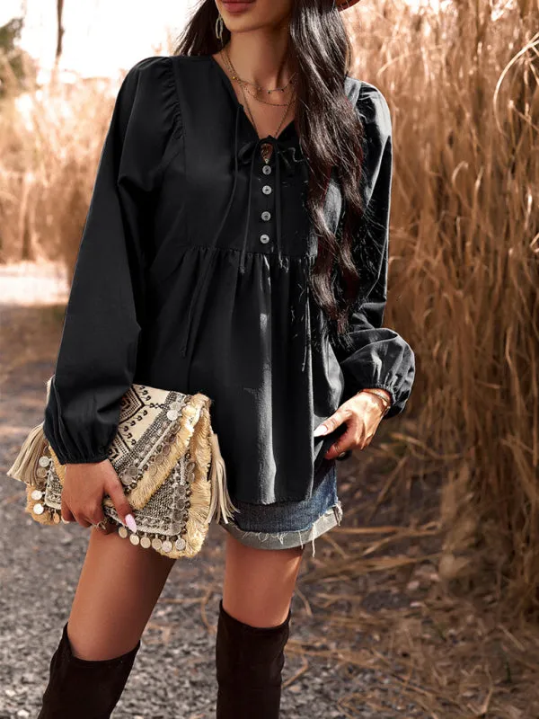 Textured Cotton Lantern Sleeve V-Neck Peplum Blouse