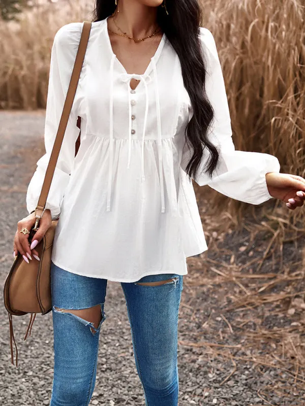 Textured Cotton Lantern Sleeve V-Neck Peplum Blouse