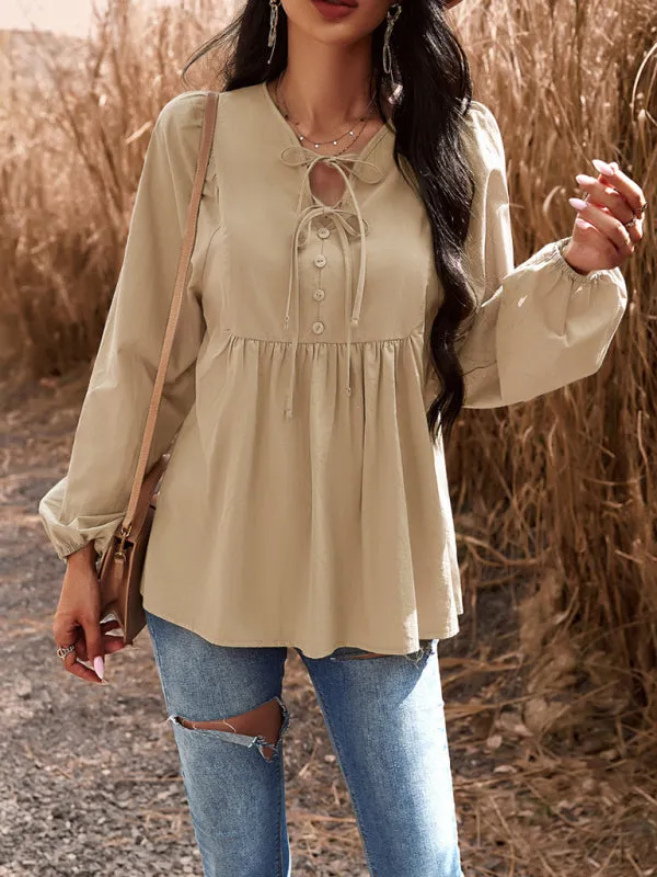 Textured Cotton Lantern Sleeve V-Neck Peplum Blouse