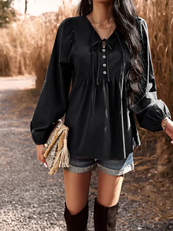 Textured Cotton Lantern Sleeve V-Neck Peplum Blouse