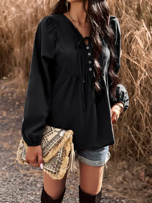 Textured Cotton Lantern Sleeve V-Neck Peplum Blouse