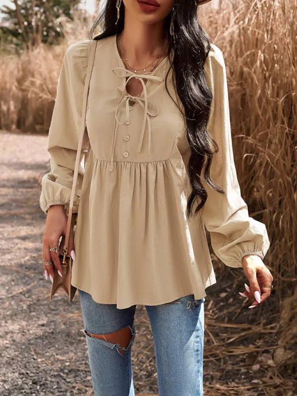 Textured Cotton Lantern Sleeve V-Neck Peplum Blouse