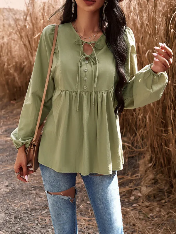 Textured Cotton Lantern Sleeve V-Neck Peplum Blouse