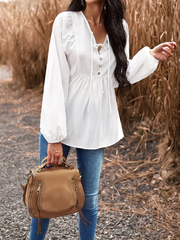 Textured Cotton Lantern Sleeve V-Neck Peplum Blouse